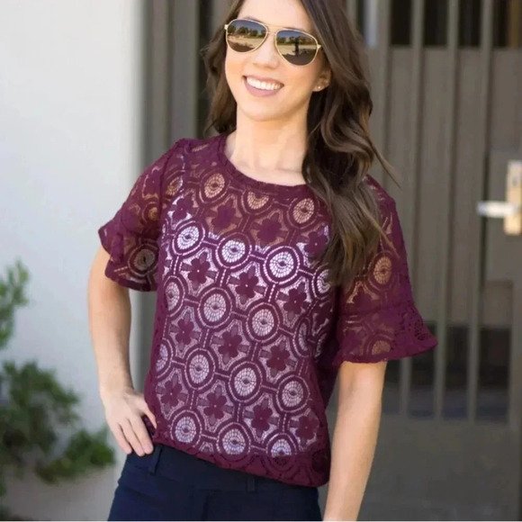 LOFT Lace Crochet Sheer Floral Blouse, Short Bell Sleeve Top, Plum Wine, XS - Picture 1 of 16